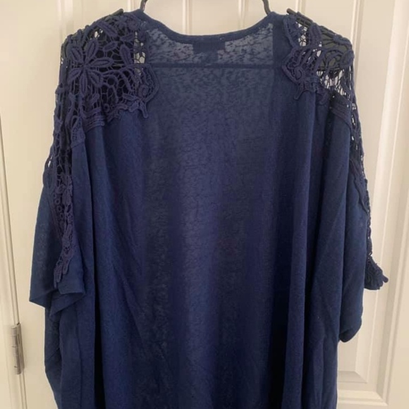 Tashon Navy Blue Lace Shoulder Kimono Open Front Cardigan Shrug Bolero Missy OS - Picture 7 of 7